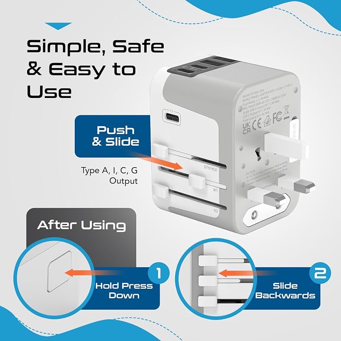 Ceptics 6 in 1 Universal Travel Adapter, Universal Outlet w/ 2X USB-A and 3X USB-C 6A, Travel Power Adapter for use in EU, UK, US, AU and More, Universal Plug for Mobiles, Laptops- UP-30KU-WH | 6 in 1 design, Type A, C, G & I Plugs, Universal Socket fo...