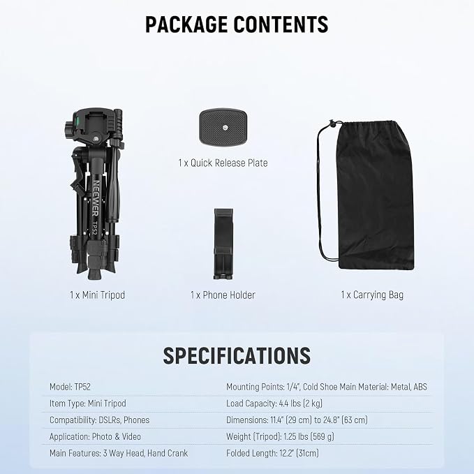 NEEWER ENTRY LEVEL VERSION Mini Desk Tripod for Camera, Small Compact Portable DSLR Camcorder Webcam Stand, 3 Way Pan Tilt Head Cell Phone Holder Mount Compatible with iPhone for Video Recording, TP52