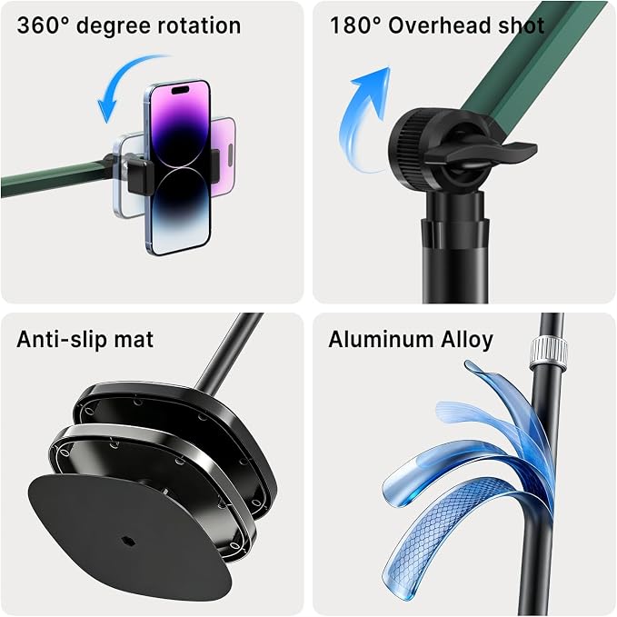 Magnetic Overhead Phone Mount, Cell Phone Stand for Video Recording, 360 Degrees Swivel Tilt Adjustable Floor Camera Filming Tripod. Content Creator Phone Holder, for iPhone/Android (L11-CX)
