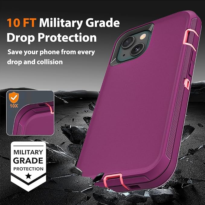 for iPhone 14 Plus Case with 2Pcs Tempered Glass Screen Protector and 1Pcs Camera Lens Protector, Military Grade 3 in 1 Heavy Duty Shockproof/Drop Proof/Dust Proof Case (Wine Red/Rose Pink)