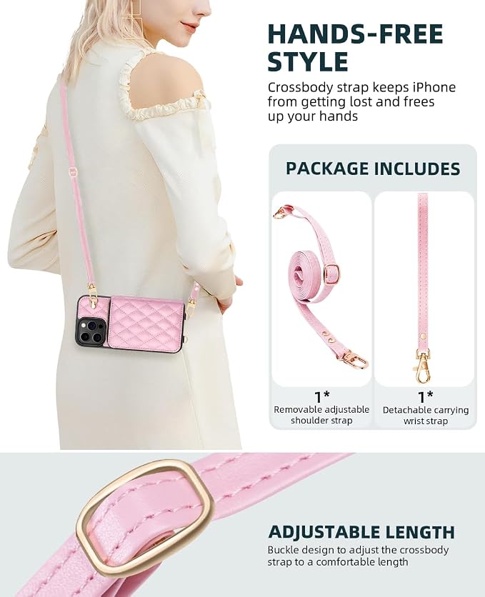 OCASE Compatible with iPhone 16 Pro Crossbody Wallet Case with Card Holder, PU Leather Zipper Handbag Phone Purse with RFID Blocking Kickstand Wrist Strap Lanyard 6.3 Inch, Diamond Check Pink