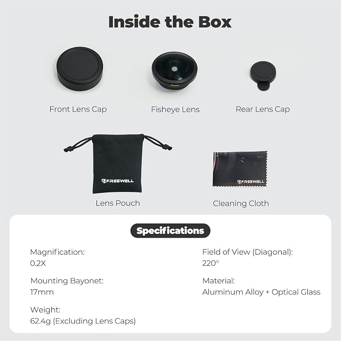Freewell 8mm Fisheye Lens for iPhone & Samsung – 220° Ultra-Wide Angle, 0.5m Focus Distance – Perfect for Creative Shots
