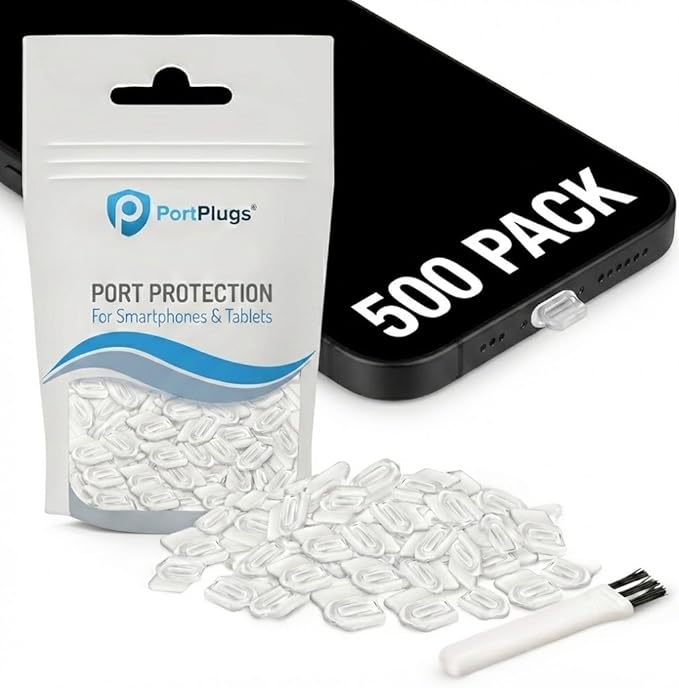 PortPlugs USB-C Dust Plugs - Easy-Grip Design, Compatible with iPhone 15/16/17 & Air, iPad Pro/Mini, MacBook Pro/Air, Galaxy S25-S8, Pixel, Android & USB-C Devices - Clear (500-Pack Bulk)
