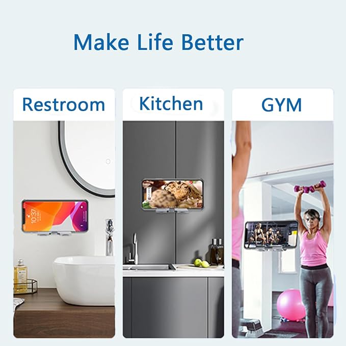 Shower Phone Holder with 2PCS Adhesive Stickers,Wall Mount Phone Stand for Bathroom,Kitchen,Office and More,Compatible with Smartphone (Silver-Gray)
