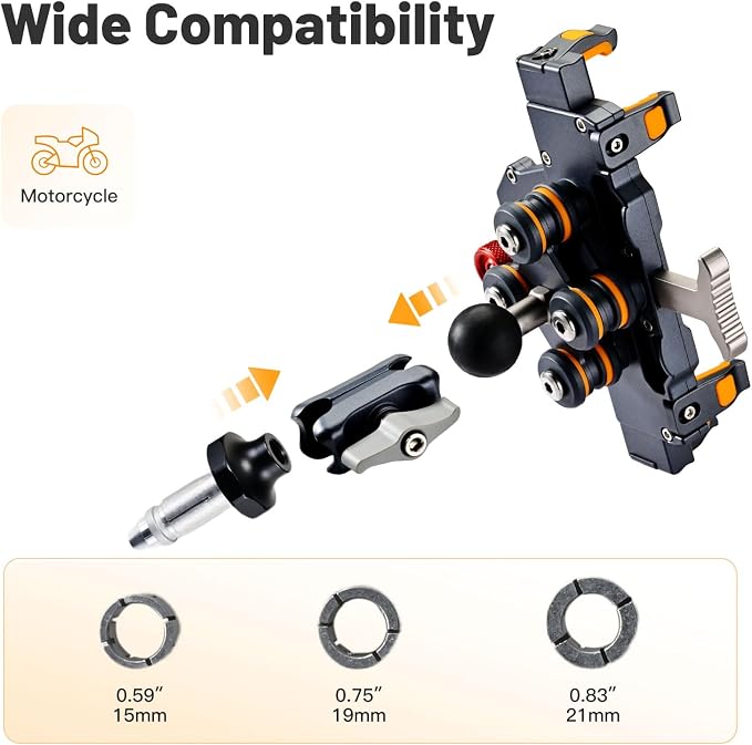 Aluminum Motorcycle Fork Stem Phone Mount Holder with Vibration Dampener, M1 FS Heavy Duty Cellphone Cradle, Anti-Theft MTB Phone Mount, 720° Adjustable for 6.1"-7.2" Smartphone