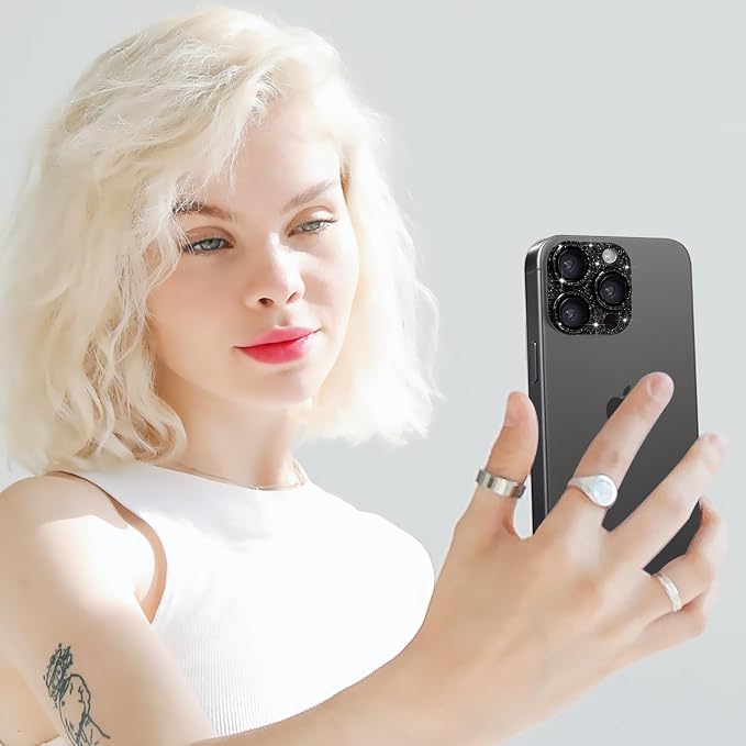 Compatible with iPhone 14 Pro and iPhone 14 Pro Max Camera Lens Protector, Bling Glitter 9H Tempered Glass Camera Cover Shockproof Lens Screen Full Protective Cover - Black