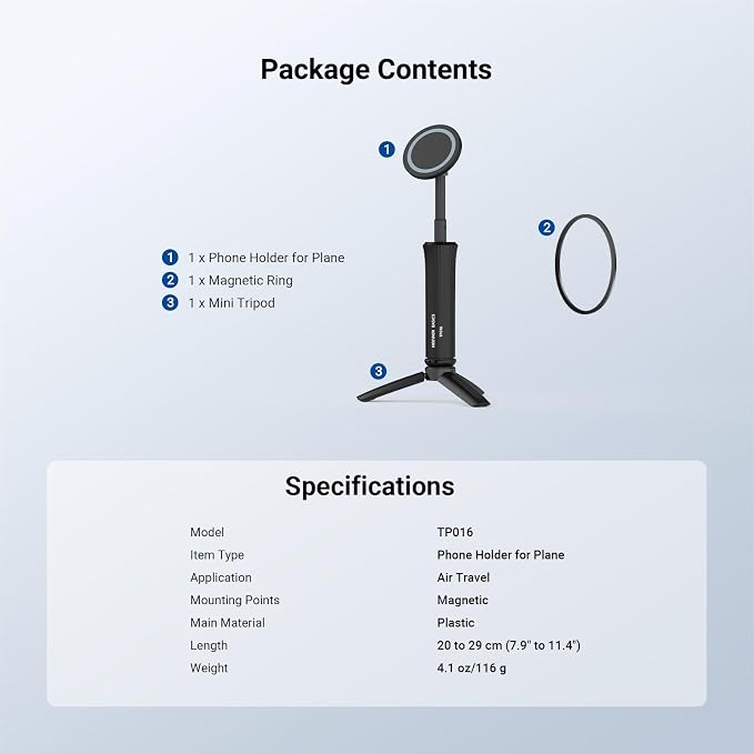 NEEWER Airplane Phone Holder, Magnetic Smartphone Desk Mount Tripod Stand Handheld Selfie Stick Plane Gadget Travel Essentials Compatible with MagSafe iPhone Samsung Android for Video Recording, TP016
