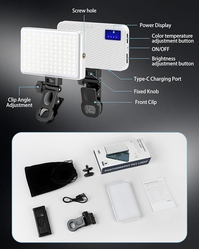 168 LED Portable Selfie Light Video Conference Light with Front & Back Clip, Rechargeable 3 Light Modes for Phone, iPhone, Android, iPad, Camera, Laptop, Makeup, Tiktok, Vlog(White)