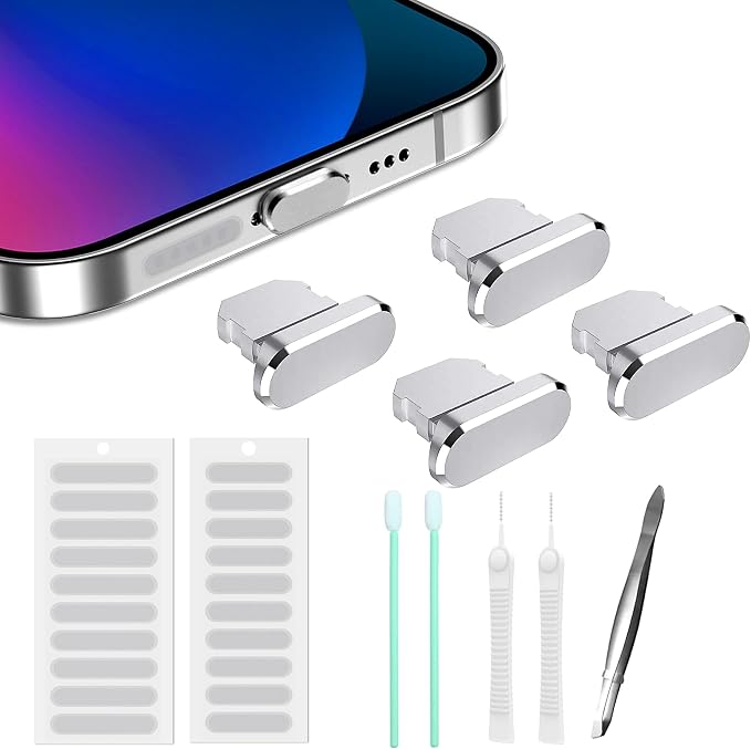 Dust Plug for iPhone Compatible with iPhone and AirPods, Lightning Port Plug Protector Charging Port Anti Dust Cover Includes Speaker Cover and Port Cleaning Kit (Silver)