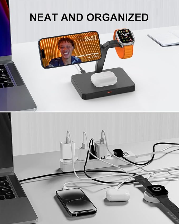 GEEKERA Magnetic 3 in 1 Wireless Charging Station, Fast Wireless Charger Stand Dock, Wireless Charger for iPhone 16/15/14/13/12 Pro Max, Apple Watch 10/9/8/7/6/SE/5/4/3/2, AirPods 4/3/2/Pro
