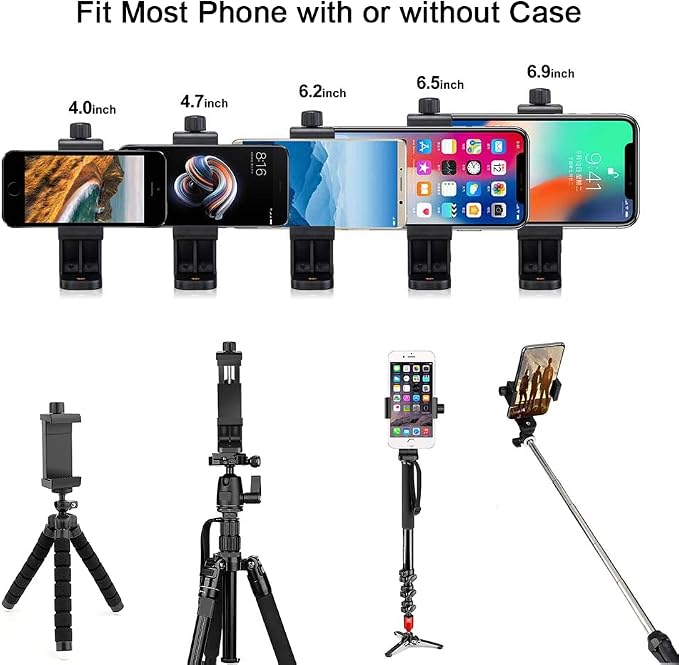 Cell Phone Tripod Mount Adapter, Universal Phone Holder Adjustable Clamp, 360 Degree Rotatable Bracket 1/4" Screw Clip for iPhone, Samsumg, Selfie Stick, Monopod (Black-1 Pack)