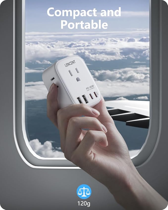 LENCENT European Travel Plug Adapter, PD 45W Type C Foldable Power Plug | with 4 Outlets 4 USB Ports, USB Fast Charger Adaptor, Power Adaptor for US to Most of Europe EU Spain Italy France Germany