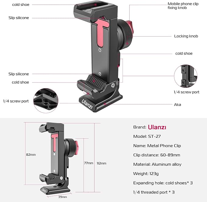 ULANZI ST-27 Metal Phone Tripod Mount, 360° Phone Holder for Tripod w 3 Cold Shoes & Arca Port, Versatile Smartphone Adapter for iPhone 17 16 15, Desktop Tripods, and Live Streaming/Vlogging Setup