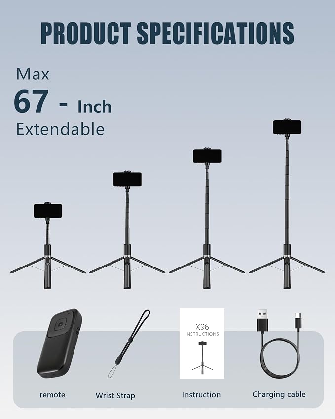 Automatic Phone Tripod, 67’’ Auto-Deploy Selfie Stick Tripod with Remote - 360° Rotatable Extendable - Portable Phone Tripod Stand for Video Recording on iPhone Android