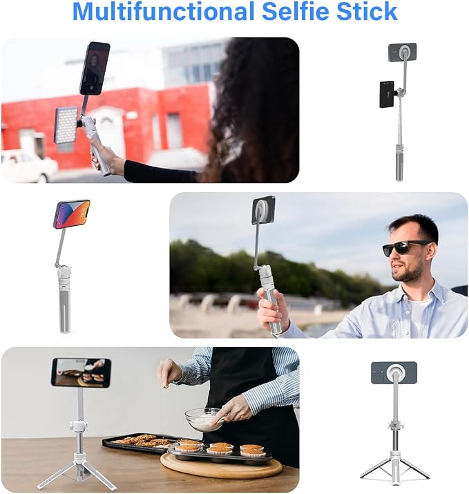 PHOPIK 35" Magnetic Selfie Stick Phone Tripod, Extendable Phone Tripod with Cold Shoe and Remote,Compatible with iPhone/Android/Sport Camera Perfect for Video Recording/Selfies/Insta360 x5(White)