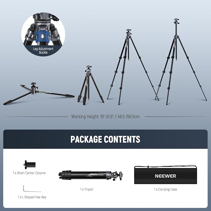 NEEWER LITETRIP LT07 61" Aluminum Travel Tripod Stand for Camera with Pan Tilt Low Profile Ball Head, Arca QR Plate Compatible with PD, Dual Center Axis, Max Load 22lb