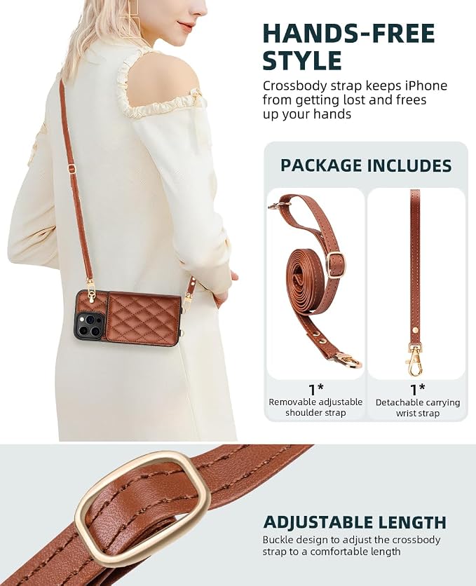 OCASE Compatible with iPhone 16 Pro Max Crossbody Wallet Case with Card Holder, PU Leather Zipper Handbag Phone Purse with RFID Blocking Kickstand Wrist Strap Lanyard 6.9 Inch, Diamond Check Brown