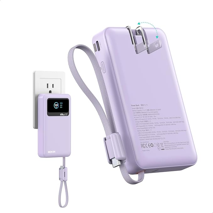 MOKiN 3-in-1 Power Bank,10000mAh 40W Portable Charger with Foldable Plug,Built-in USB-C Cable & LCD Display,Travel Essential Phone Fast Charging Battery Pack,for iPhone 17/16,Samsung etc (Purple)