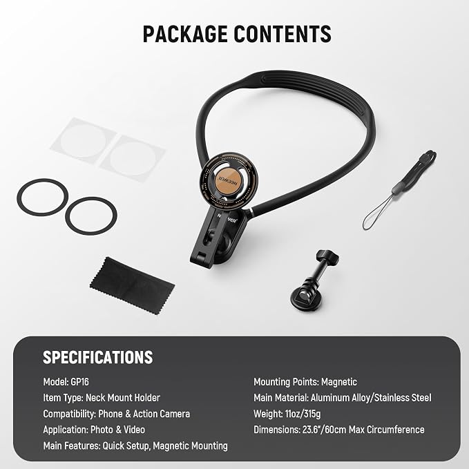 NEEWER Magnetic Neck Holder for Action Camera & Phone, Hands Free Tripod Chest Mount Compatible with GoPro DJI Insta360 Magsafe iPhone Android, Phone Holder for Video Recording POV Vlog, GP16