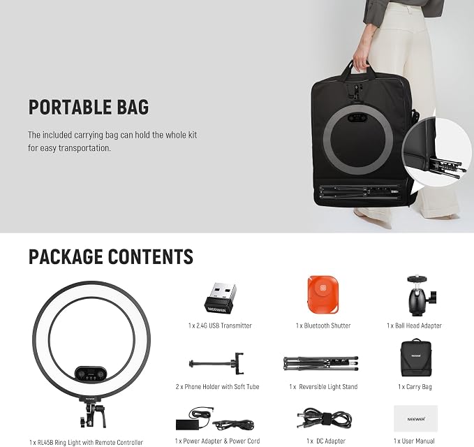 NEEWER 18 Inch Edge Lit Ring Light with Tripod Stand Phone Holder Compatible with iPhone for Video Recording Selfie Makeup Studio Streaming, 45W 2900-7000K APP 2.4G Control Ringlight Lighting, RL45B
