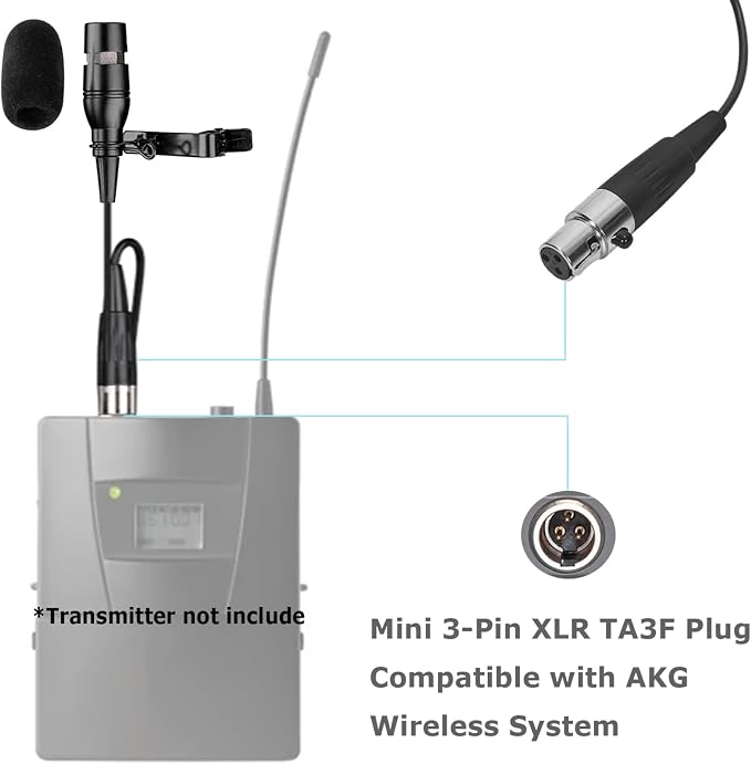 Black Lapel Lavalier Microphone Unidirectional Condenser Super Cardioid Mic Compatible with AKG Wireless Bodypack Transmitter System with Mini XLR 3 Pin TA3F Plug