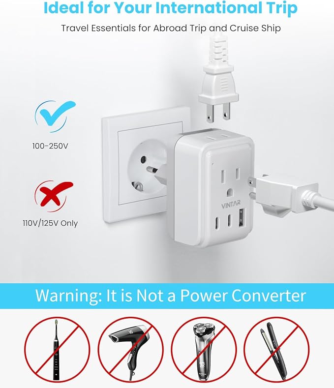 VINTAR Universal Travel Adapter Kit, International Power Adapter with 3 USB Ports (2 USB C, 3.4A) and 2 AC, Type A,C,D,E/F,G,H,I,L,M Detachable Attachments, Adapter for India/Africa/EU/UK//AU/JP/US