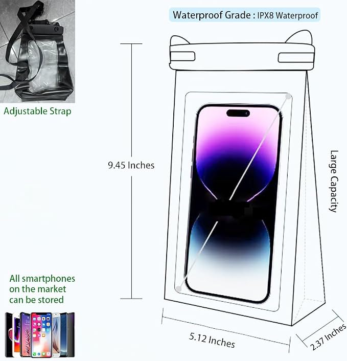 IPX8 Waterproof Phone Case, Waterproof Phone Pouch, Large Capacity Floating Phone Dry Bag for Floating Diving Beach Hiking Camping Sports Outdoor (Clear Black)