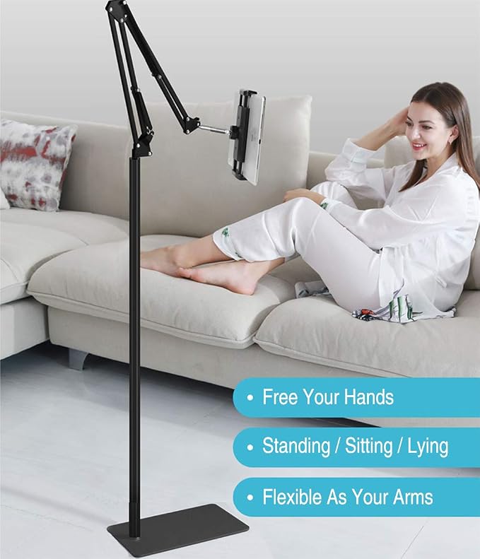 Tablet Floor Stand with 5LB Metal Base, Overhead Bed Phone Stand Angle Height Adjustable Holder, Universal Floor Stand Compatible with iPhone iPad Pro Air Mini, Samsung Tab, Kindle, E-Readers…