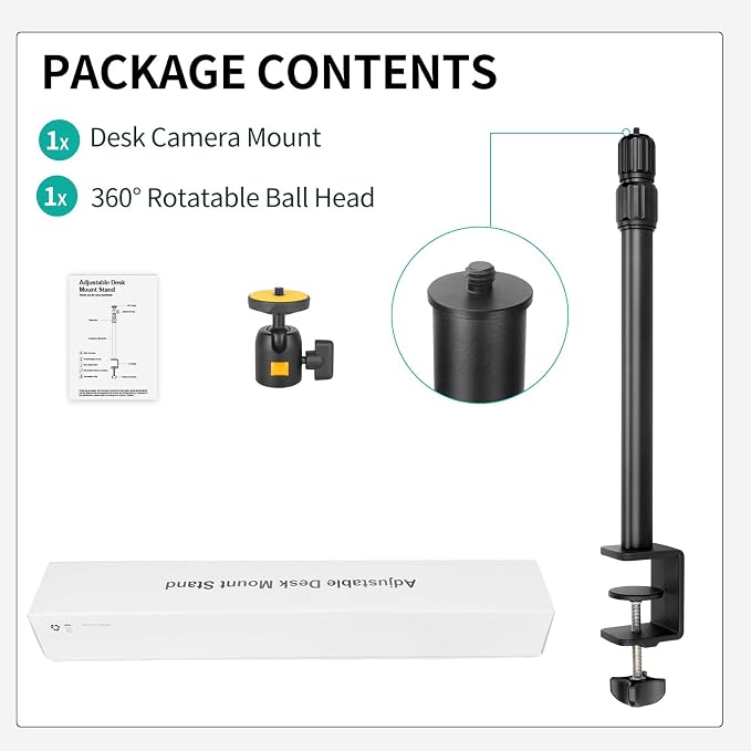 Camera Desk Mount Table Stand with Ball Head, Adjustable Light Stand with 1/4" Screw & C Clamp for DSLR Camera, Ring Light, Live Streaming, Photo Video Shooting
