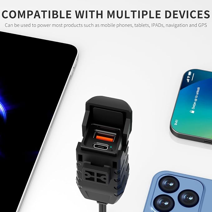 Motorcycle USB Charger, Dual USB Type C 30W PD & QC 3.0 Motorcycle Phone Charger with Voltmeter & ON/Off Switch, Waterproof ATV/Motorcycle/Dirt Bike Charger for Phone, Tablet, GPS...