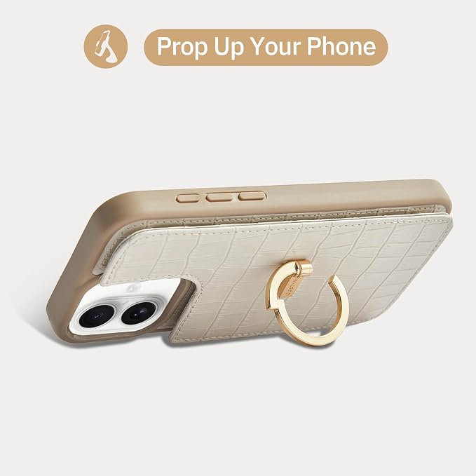 CUSTYPE Compatible with iPhone 17 Wallet Case with Card Holder,180°Ring Holder Kickstand Card Slots Case,PU Leather Protective Case for iPhone 17 6.3 inch-Beige