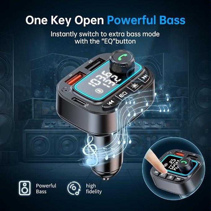 Bluetooth 5.3 Car Adapter FM Transmitter, 42W (PD30W & 12W) USB C Car Charger Wireless Radio Receiver, Hands-Free Calling MP3 Audio Player Cars Kit, Light Switch & Fast Charging & Deep Bass (Black)