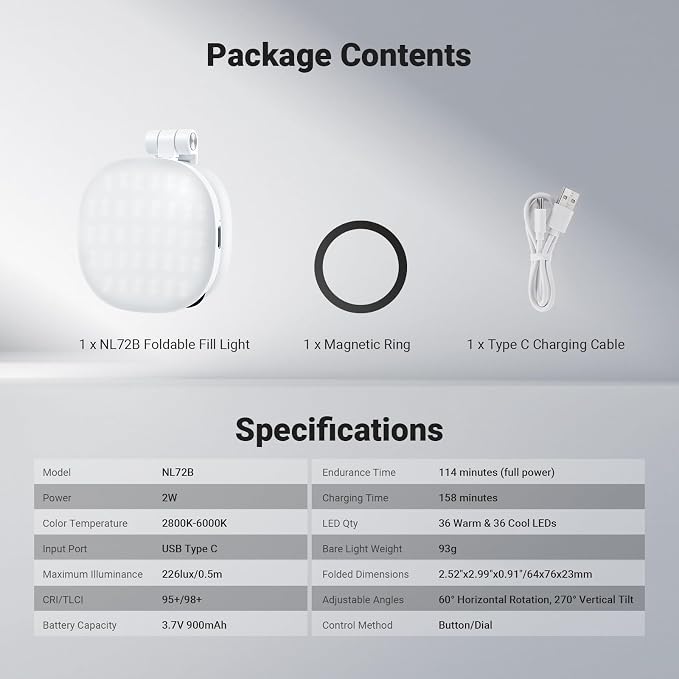 NEEWER Basics Magnetic Selfie Light Compatible with MagSafe iPhone, 2W Bi Color Small LED Phone Fill Ring Lighting CRI95+ with 360° Swivel, Mirror for Makeup Video Conference Recording, NL72B White