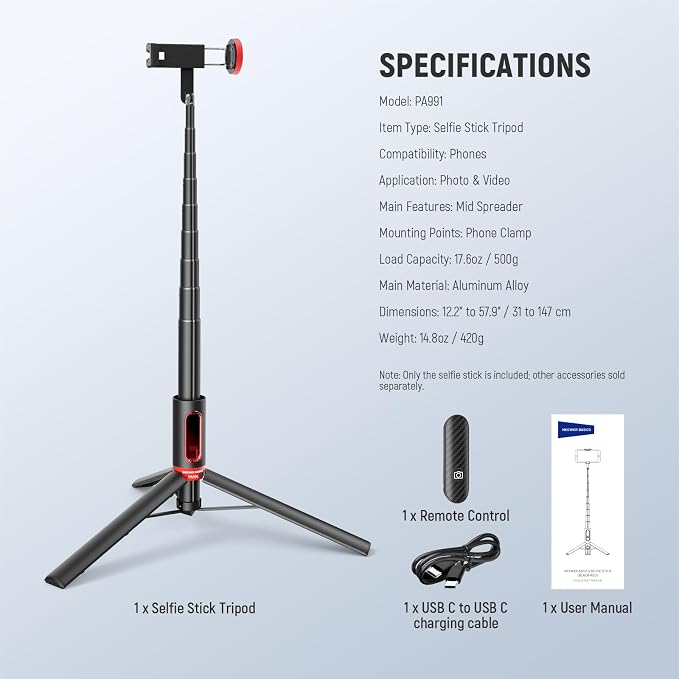 NEEWER Basics PA991 Selfie Stick Tripod Compatible with iPhone Samsung Android, 57.9 Inch Metal Portable Lightweight Travel Mobile Phone Stand with Holder & Remote Control for Video Recording