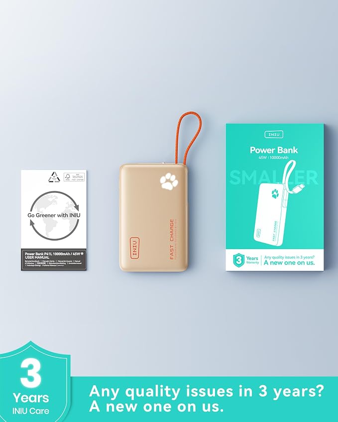 INIU 45W Power Bank, Fast Charging Portable Charger with Built-in USB C Cable, 10000mAh Small Type C Powerbank, Battery Pack for iPhone 17 16 15 14, iPad, Samsung S25 S24 etc Travel Camping, Beige
