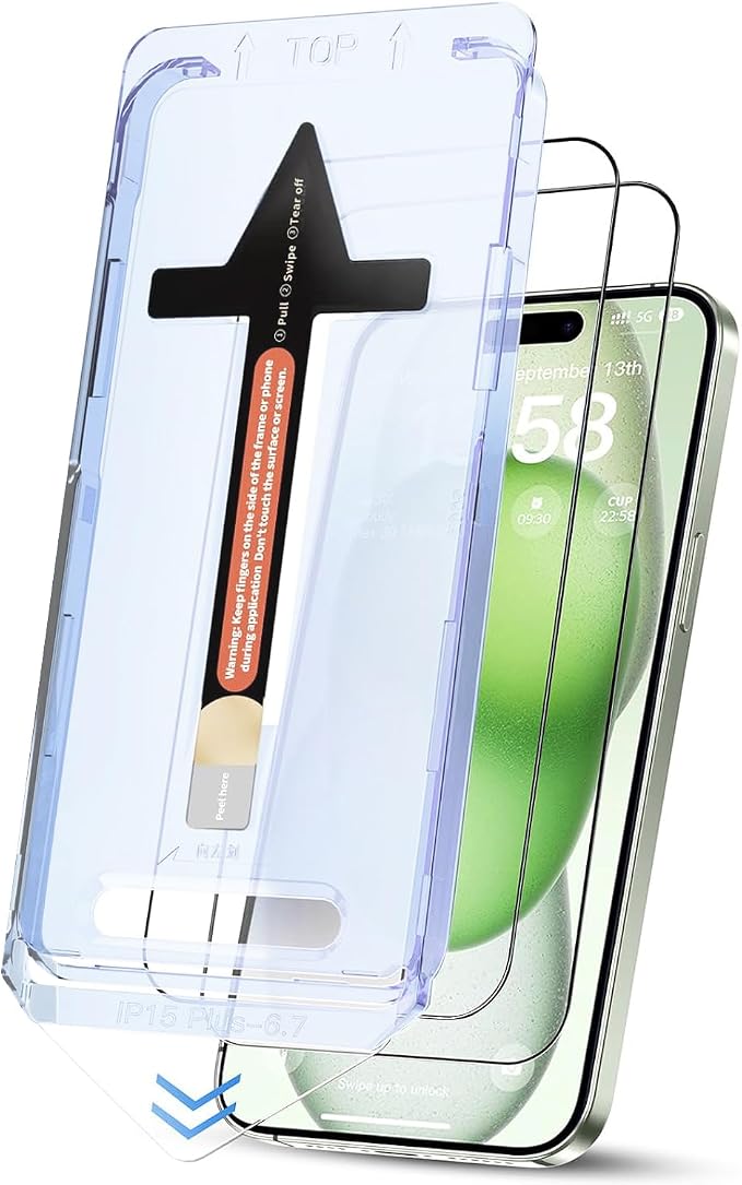 for iPhone 15 Plus Screen Protector, Military Grade Shatterproof 9H+ Tempered Glass, Auto Dust-Removal Installation, Full Coverage, HD Clear, Anti-Scratch, Anti-Fingerprint, No Bubble