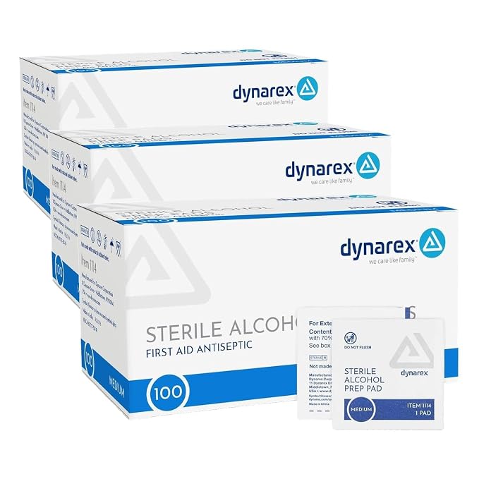 Dynarex Alcohol Prep Pads, Medical-Grade Non-Woven Prep Pads, Saturated with 70% Isopropyl Alcohol, Rapid-Acting Antiseptic Wipes, 1-Ply Medium, 1 Box of 100 (Pack of 3)