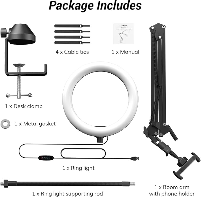 TONOR Overhead Ring Light Kit, 10" Ringlight with Heayy Duty Boom Arm and Phone Holder, Adjustable Angle, Suitable for Video Recording, Live Stream, Drawing, Makeup Nail