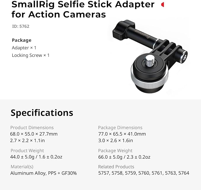 SmallRig Selfie Stick Adapter for DJI Osmo Nano/for Insta360 Go 3/ 3s, with 1/4"-20 Screws for Selfie Stick Tripod