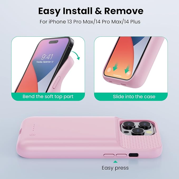 Battery Case for iPhone 14 Pro Max,14 Plus and 13 pro Max, Real 8600mAh Rechargeable Smart Extended Charging Case, Ultra-Slim Portable Protective Battery Pack (6.7 inch) Pink