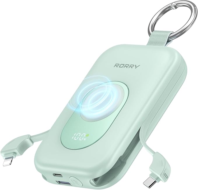 RORRY Portable Charger, 20000mAh PD 30W Portable Charger Power Bank with 2 Built-in Cables, Super Fast Charging Battery Pack with Keychain, Travel Essentials for iPhone, Apple Watch, iPad, Green