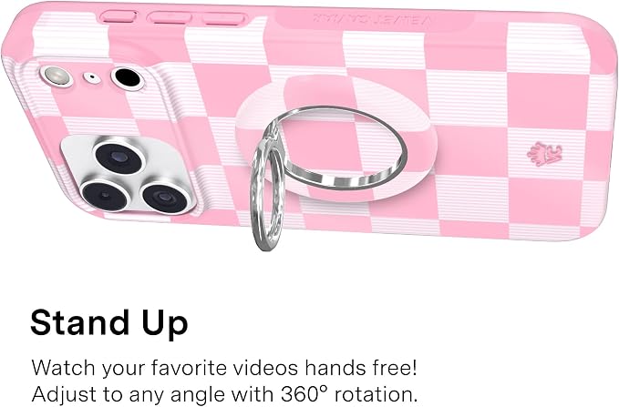 VELVET CAVIAR Compatible with MagSafe Phone Grip 2.0 | Cute Magnetic Ring Holder | Finger Loop Kickstand | Pop On Accessory for iPhone 17, 16, 15, 14, 13, 12 | Pink Checkered