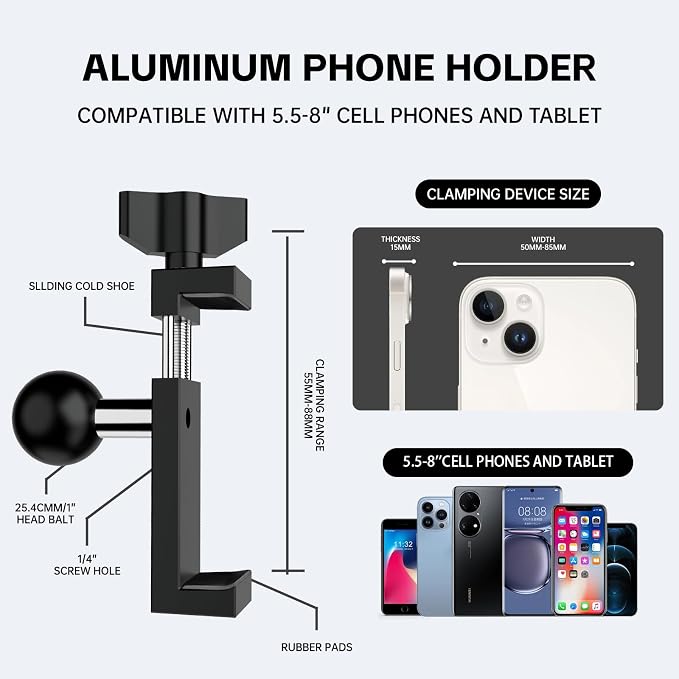 1 Inch Aluminum Phone Holder with 1" Ball Head Adapter Compatible with RAM mounts B Size Double Socket Arm for Car Bike Motorcycle Phone Mount