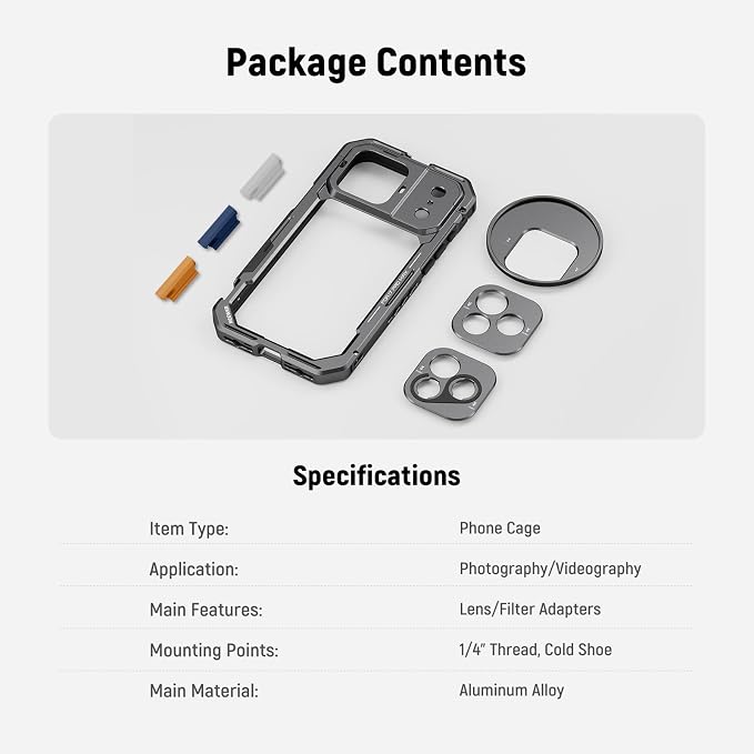 NEEWER Phone Cage Compatible with iPhone 17 Pro Max, Quick Release Video Rig Stabilizer Accessories with 67mm Filter Ring, 17mm Lens Backplate, T Mount Adapter, 4X Camera Control Cap, PA144 (Black)