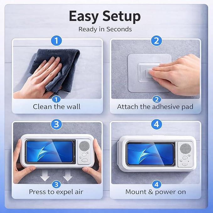 Shower Phone Holder Waterproof with Bluetooth Speaker | 2026 New IPX6 Anti-Fog, 480° Rotatable | Bathroom Case with Speaker Holes | Fits 4-7" Cell Phones & iPhone | Bathroom Wall Mirror