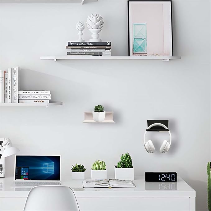 2pcs Adhesive Tablet Wall Mounted Phone Shelf Acrylic Stick On Shelves,Bedroom Wall Mount Floating Shelves for Tablet,eReader,Cell Phone Holder for Bathroom,Dorm Bedside Shelf(Black)