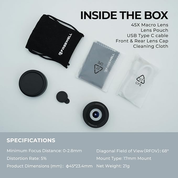 Freewell 45x Macro Lens for Smartphones 17mm Threaded Extreme Detail Close-Ups Lens for iPhone & Samsung