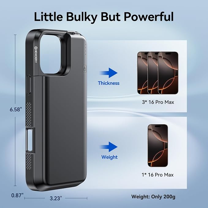 NEWDERY Upgraded Battery Case for iPhone 16 Pro Max, 8000mAh USB-C Portable Power Bank, CarPlay, Sync Data Supported, Rechargeable Charger Case Compatible with iPhone 16 Pro Max 6.9", Black