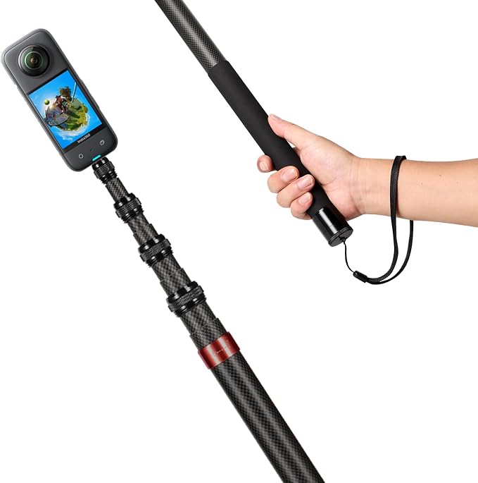 118"/3m, 9.8ft Extended Super Long Invisible Carbon Fiber Selfie Stick for Insta360 X5 X4 X3 ONE X2, R, X, GO 3S 3 2 Action 360 Camera Accessories (17 to 118") (red)