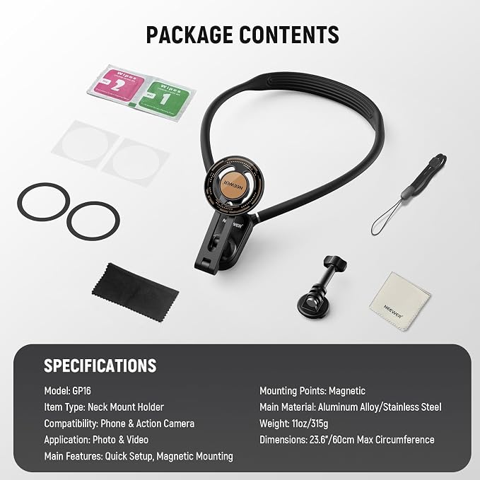 NEEWER GP-16 Magnetic Neck Mount for Action Camera & Phone with Cleaning Cloth Chest Mount Phone Holder for POV Video Recording Vlogging Compatible with GoPro DJI Insta360 MagSafe iPhone Android